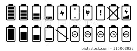 Flat Vector Battery Icons Set. Different Level of Charge. Car or Phone Battery Indicator, Device Battery Charge Signs. Wireless Charging Energy Symbols. Vector Illustration 115008922