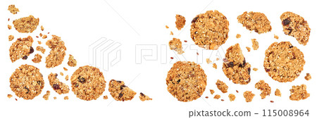 Granola cookie isolated on white background with full depth of field. Top view with copy space for your text. Flat lay. 115008964