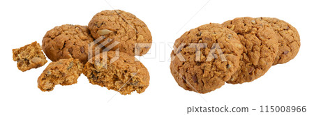 oatmeal cookies with flax, pumpkin and sunflower seeds isolated on white background with full depth of field 115008966