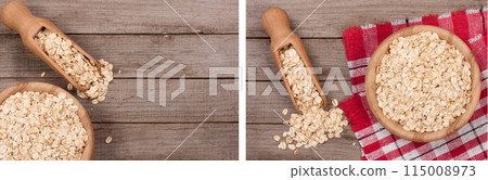 Oat flakes in a wooden bowl with a scoop on old wooden background with copy space for your text. Top view Oat flakes in a wooden bowl with a scoop on old wooden background with copy space for your text. Top view 115008973