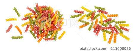 raw Fusilli colored pasta, isolated on white background with full depth of field. Top view. Flat lay 115008986