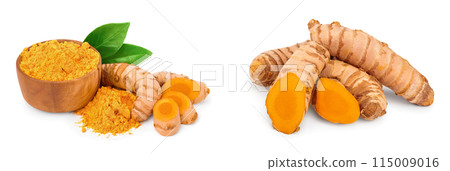 turmeric root and powder isolated on white background close up 115009016