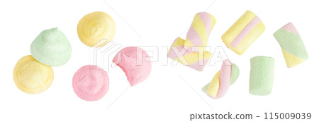 Colorful mini marshmallows isolated on white background with full depth of field. Top view. Flat lay 115009039