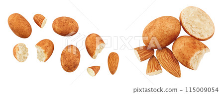Marzipan balls or potatoes with almond isolated on white background full depth of field. Top view. Flat lay Marzipan balls or potatoes with almond isolated on white background full depth of field. Top view. Flat lay 115009054