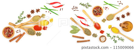 mix of spices in wooden spoon isolated on a white background with copy space for your text. Top view. Flat lay. Set or collection 115009066