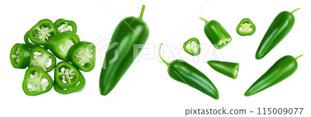 jalapeno peppers isolated on white background. Green chili pepper . Top view. Flat lay jalapeno peppers isolated on white background. Green chili pepper . Top view. Flat lay 115009077