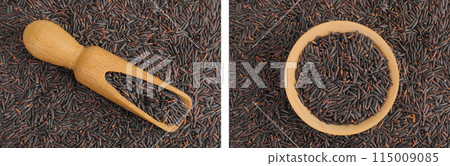 Black rice in a wooden scoop and bowl as a background. Top view. Flat lay 115009085