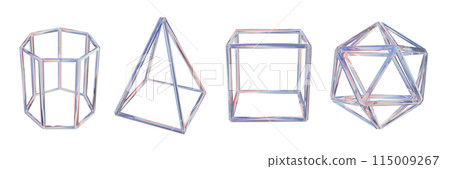 3D futuristic grid object set, holographic abstract geometric shapes, transparent crystal wireframe. 115009267