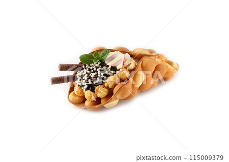 Trendy Hong Kong bubble waffles with ice cream, cream and berries on white wooden background. Copy space Trendy Hong Kong bubble waffles with ice cream, cream and berries on white wooden background. Copy space 115009379