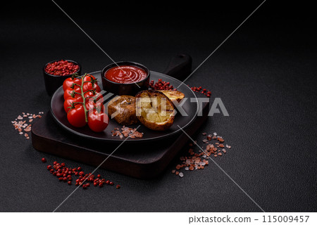 Delicious halved potatoes grilled with salt, spices and herbs 115009457