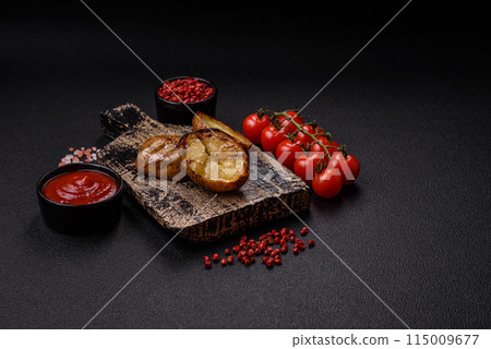 Delicious halved potatoes grilled with salt, spices and herbs Delicious halved potatoes grilled with salt, spices and herbs 115009677
