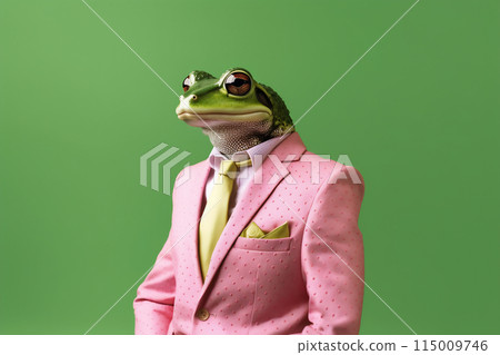Frog in a pink dotted jacket and tie. Dressed and standing like a businessman 115009746