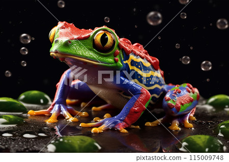 Poison vivid color frog. Poisonous animal of tropical rainforest. Pet in terrarium Poison vivid color frog. Poisonous animal of tropical rainforest. Pet in terrarium 115009748