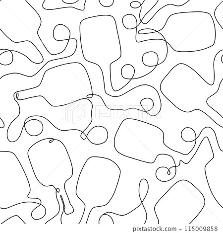 Pickleball rackets and balls seamless pattern in one line drawing style. Vector black and white summer sport background 115009858