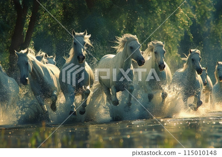 Herd of White Horses Running Across River 115010148