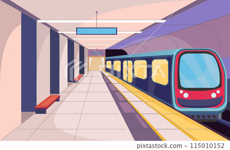 Cartoon Color Subway Station Interior Inside Scene Concept Flat Design Style. Vector illustration of Underground Train 115010152