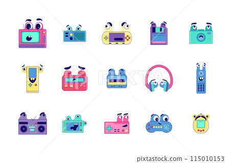 Cartoon Color Retro Gadget Mascots Icons Set Concept Flat Design Style Include of Joystick and Phone. Vector illustration 115010153