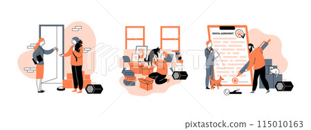 Cartoon Color Characters People and Pet Friendly Rentals Scenes Set. Vector illustration of Dog and Cat in Apartment 115010163