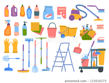 Cartoon Color Different Type Cleaning Tools Icon Set Include of Bucket, Brush, Sponge, Mop and Glove. Vector illustration Cartoon Color Different Type Cleaning Tools Icon Set Include of Bucket, Brush, Sponge, Mop and Glove. Vector illustration 115010173