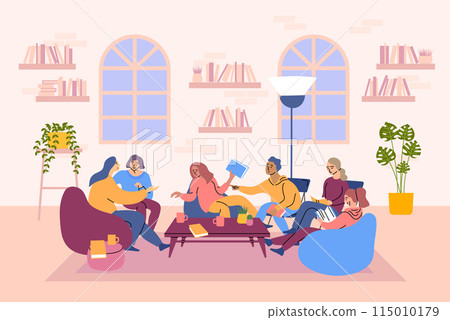 Cartoon Color Characters People and Book Club Scene Concept Flat Design Style. Vector illustration of Discussing Books in Group Cartoon Color Characters People and Book Club Scene Concept Flat Design Style. Vector illustration of Discussing Books in Group 115010179