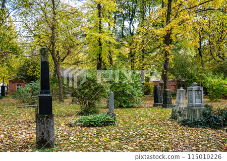 Autumn view of famous Old North Cemetery of Munich, Germany with historic gravestones. 115010226
