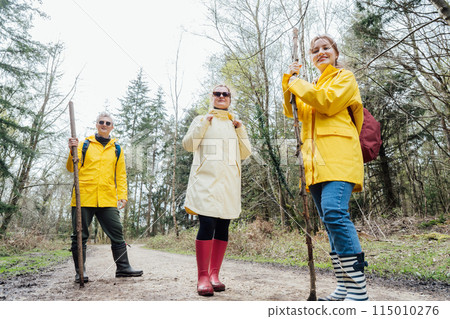 Group of friends walking with backpacks in forest. Trekking travel in adventure lifestyle, nature hiking in vacation holiday with journey. Tourism, hiking, and friendship concept. Outdoor activities Group of friends walking with backpacks in forest. Trekking travel in adventure lifestyle, nature hiking in vacation holiday with journey. Tourism, hiking, and friendship concept. Outdoor activities 115010276