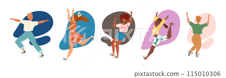 Jumping Man and Woman Character with Happy Face Feeling Joy and Excitement Vector Illustration Set Jumping Man and Woman Character with Happy Face Feeling Joy and Excitement Vector Illustration Set 115010306