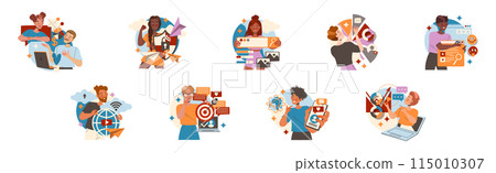 People Character Working with Information Analyzing and Browsing Data Vector Illustration Set 115010307