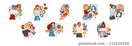 People Character Working with Information Analyzing and Browsing Data Vector Illustration Set 115010308