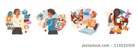 People Character Working with Information Analyzing and Browsing Data Vector Illustration Set 115010309