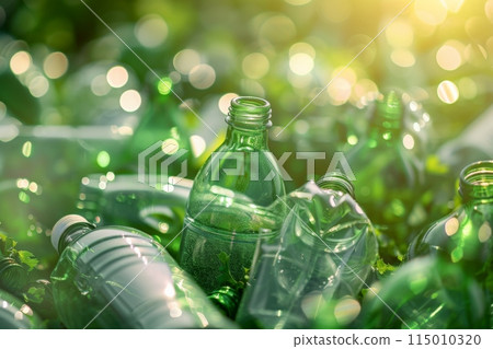 Three plastic bottles with a green recycling symbol on a wooden surface 115010320