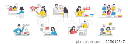 Online Learning with Man and Woman Student and Instructor Engaged in Virtual Classes Outline Vector Set 115010347
