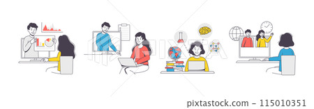 Online Learning with Man and Woman Student and Instructor Engaged in Virtual Classes Outline Vector Set 115010351