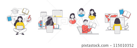Online Learning with Man and Woman Student and Instructor Engaged in Virtual Classes Outline Vector Set Online Learning with Man and Woman Student and Instructor Engaged in Virtual Classes Outline Vector Set 115010352