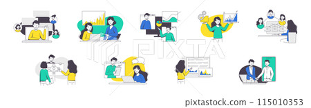 Online Conference with Business People Making Presentation and Showing Graph Outline Vector Set 115010353