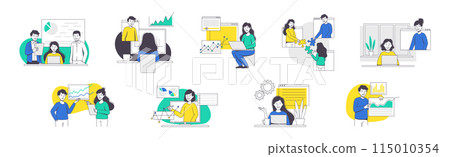 Online Conference with Business People Making Presentation and Showing Graph Outline Vector Set 115010354