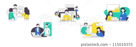 Online Conference with Business People Making Presentation and Showing Graph Outline Vector Set Online Conference with Business People Making Presentation and Showing Graph Outline Vector Set 115010355