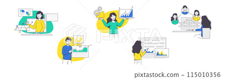 Online Conference with Business People Making Presentation and Showing Graph Outline Vector Set Online Conference with Business People Making Presentation and Showing Graph Outline Vector Set 115010356