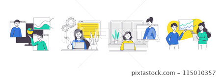 Online Conference with Business People Making Presentation and Showing Graph Outline Vector Set Online Conference with Business People Making Presentation and Showing Graph Outline Vector Set 115010357
