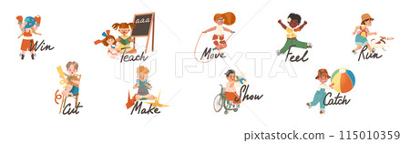 Little Boy and Girl Verb Expressing Action for Kids Education Vector Illustration Set 115010359