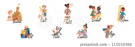 Little Boy and Girl Verb Expressing Action for Kids Education Vector Illustration Set 115010360