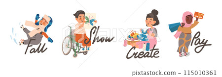 Little Boy and Girl Verb Expressing Action for Kids Education Vector Illustration Set 115010361