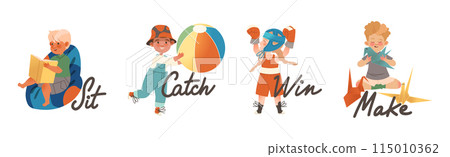 Little Boy and Girl Verb Expressing Action for Kids Education Vector Illustration Set 115010362