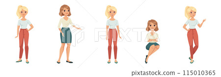 Woman Character in Skirt and Pants in Standing and Sitting Pose Vector Illustration Set Woman Character in Skirt and Pants in Standing and Sitting Pose Vector Illustration Set 115010365