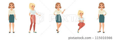 Woman Character in Skirt and Pants in Standing and Sitting Pose Vector Illustration Set Woman Character in Skirt and Pants in Standing and Sitting Pose Vector Illustration Set 115010366