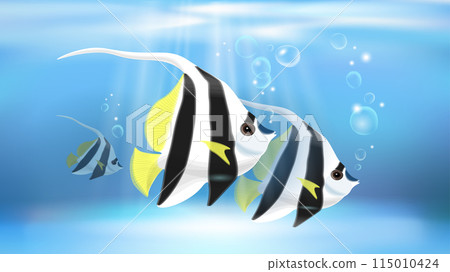 3D Tropical fishes vertical wallpaper. Striped Angel Fish, black and white colors. Transparent background. Exotic aquarium fishes isolated vector illustration 115010424