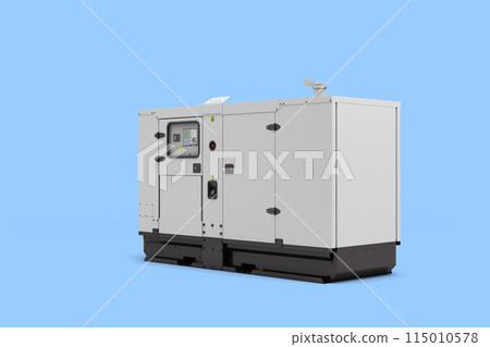 Mobile diesel generator for emergency electric power left view 3d render on blue 115010578