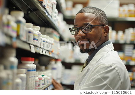 Pharmacist Organizing Medication on Shelves 115010661