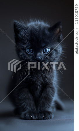 Black fluffy kitten with blue eyes on a black background. 115010739