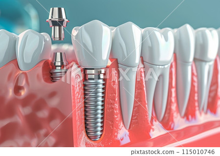 The concept of dental implants. A 3D rendering showing a dental implant placed between teeth 115010746